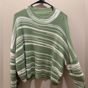 SHEIN Olive and White Striped Crew Neck Sweater